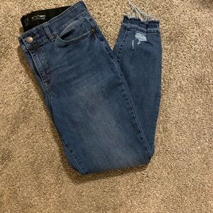 New York & Company High-Rise Skinny Jeans in Dark Blue with Frayed Hem